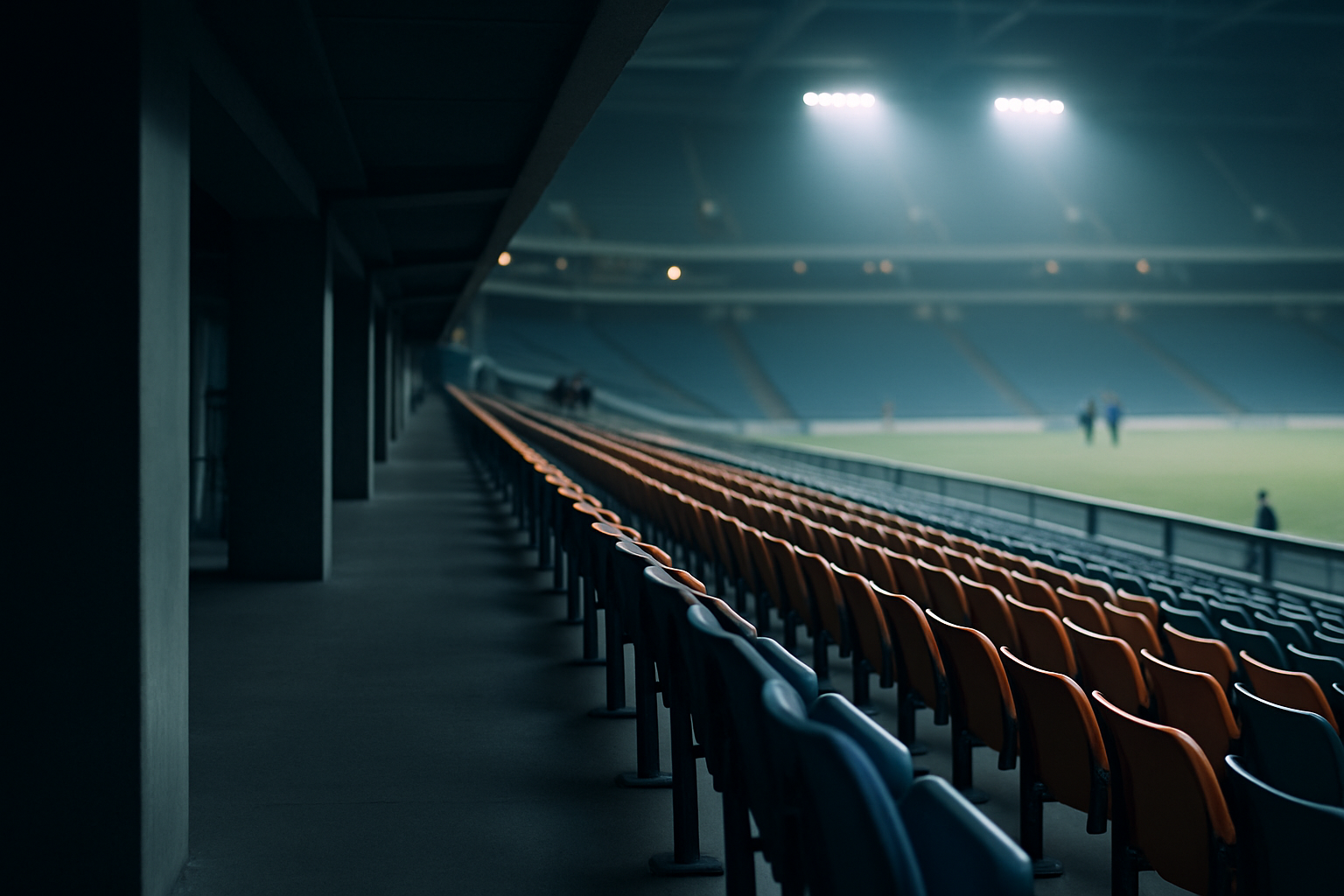 Empty stadium concourse with rows of vacant orange plastic seats stretching toward a bright floodlit pitch in the background, shot from ground level