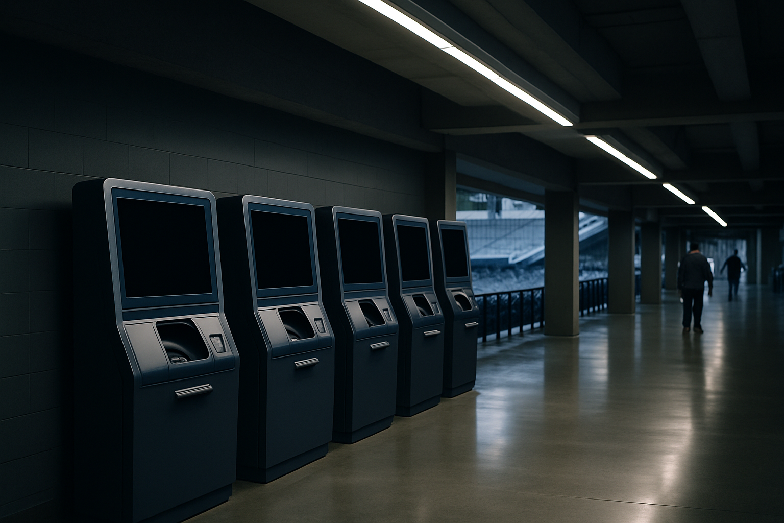 A row of stadium ticket kiosks with blank digital display screens inside a modern sports arena, fluorescent overhead lighting reflecting off polished concrete floors
