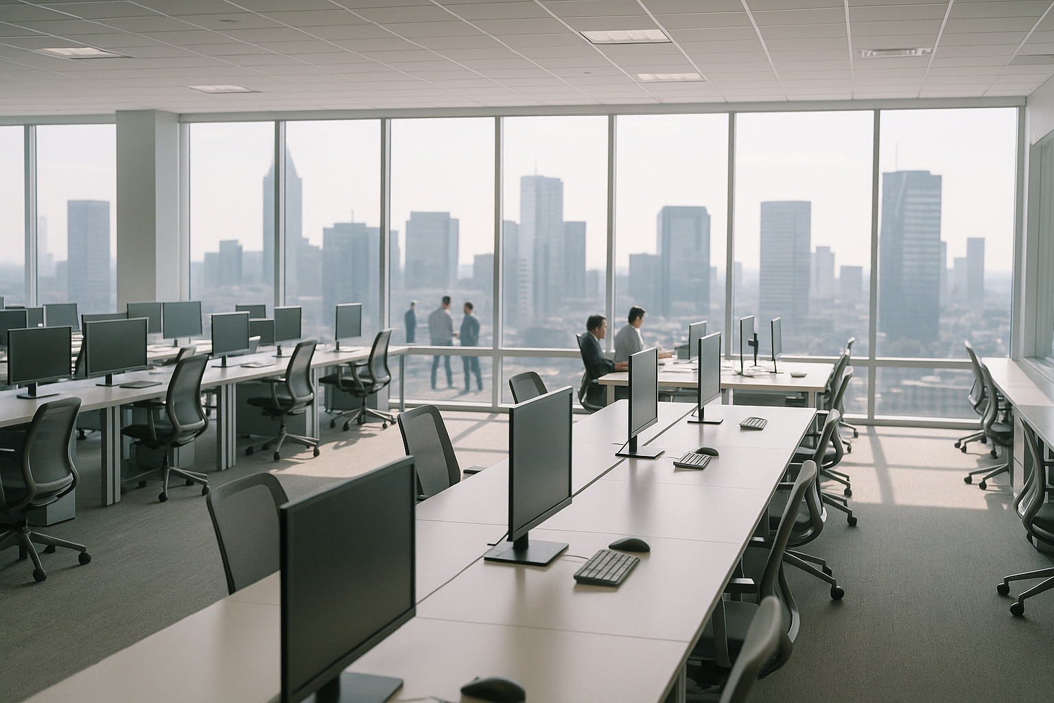 open-plan technology office interior with rows of empty workstations, monitors switched off, overlooking a city skyline through floor-to-ceiling windows