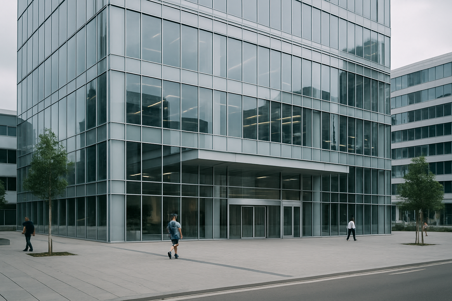 exterior of a modern glass-fronted office building in Tel Aviv's technology district on an overcast afternoon, with company signage visible above the entrance