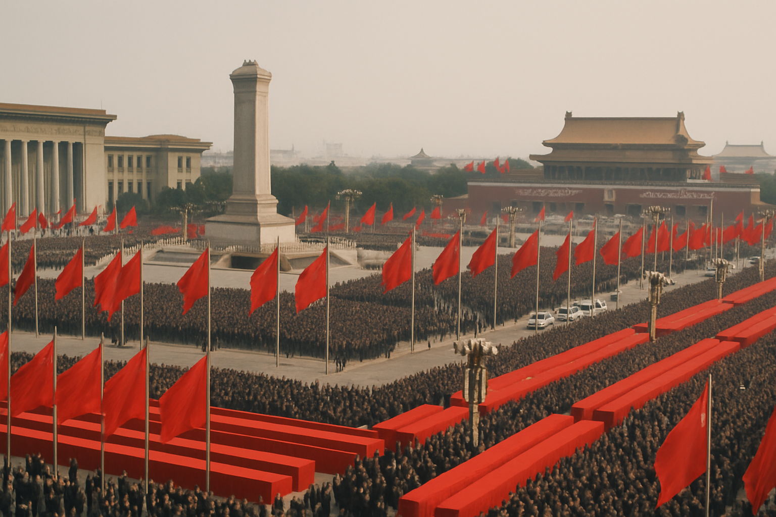 Wide aerial view of Tiananmen Square filled with official banners and red flags during a national political ceremony