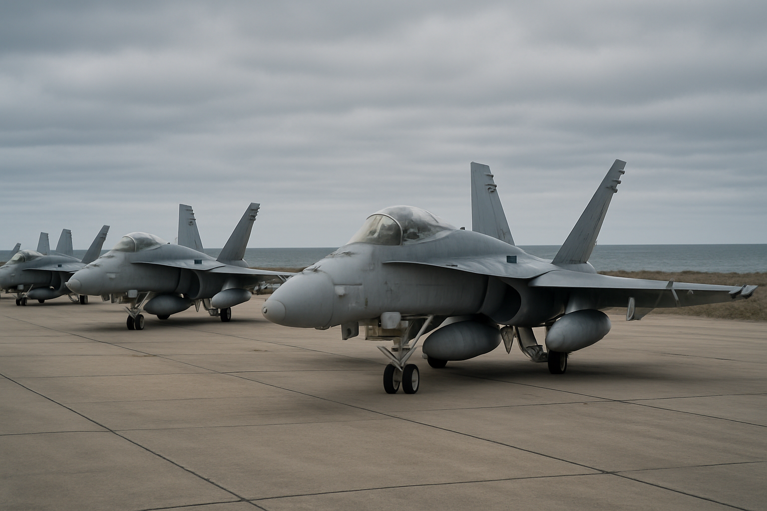 Row of military aircraft on a tarmac near a coastal airbase with grey overcast skies