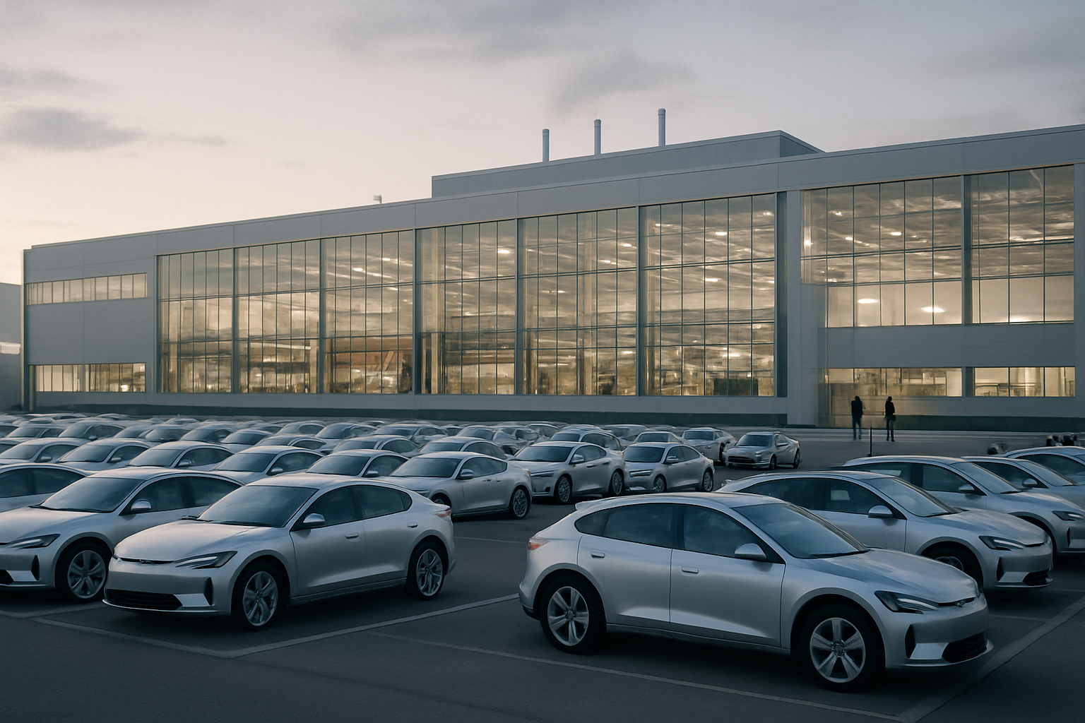 exterior of a large modern electric vehicle assembly plant at dusk, with rows of finished vehicles visible in the foreground lot