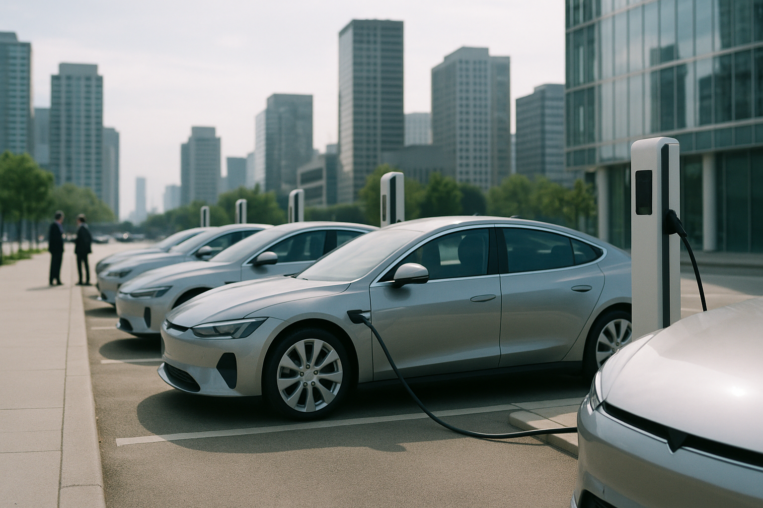 a row of sleek electric sedans parked at an urban charging station, with cityscape visible in the background