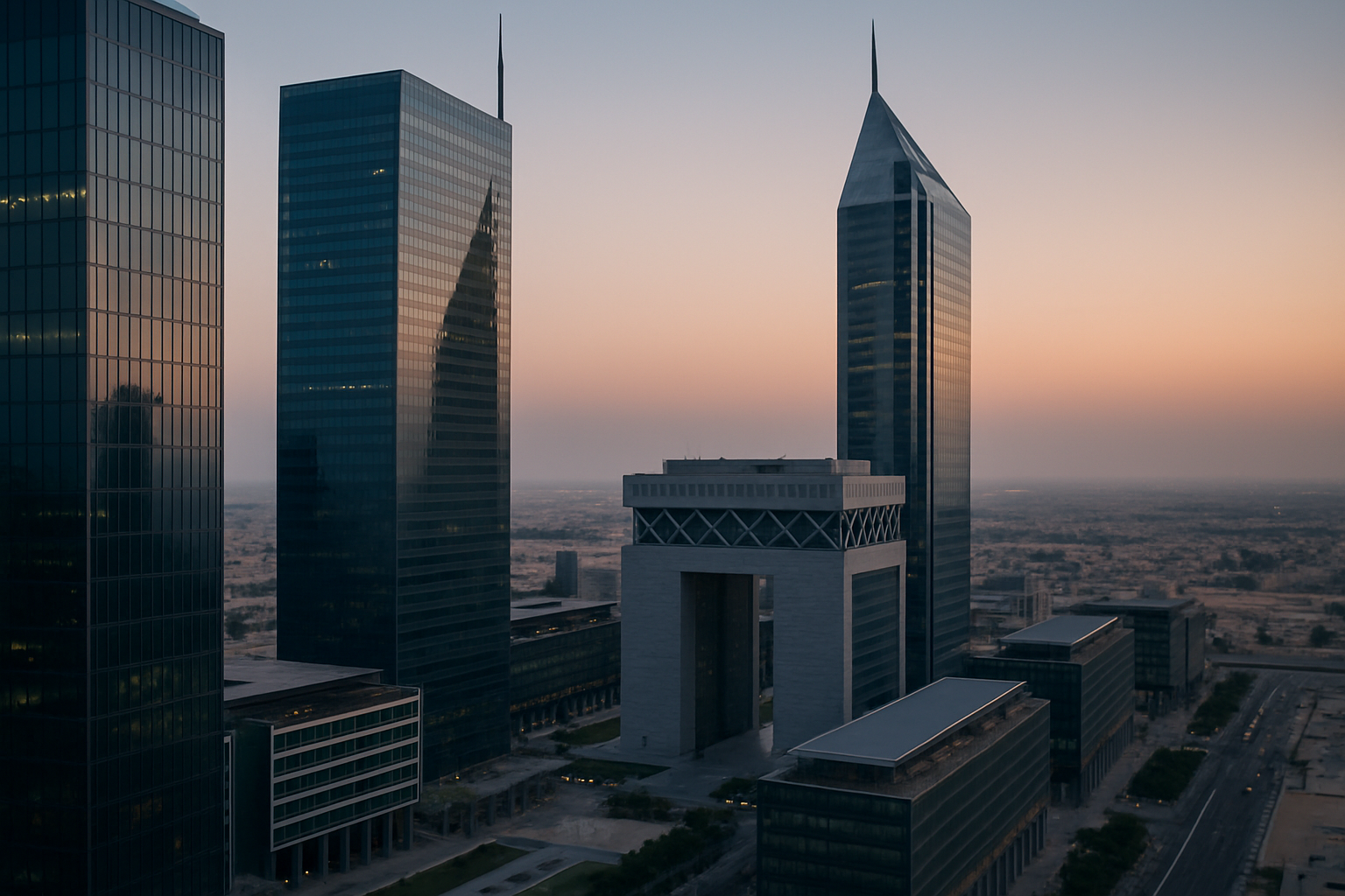 aerial view of the Dubai International Financial Centre skyline at dusk, with modern glass towers reflecting fading light over the desert cityscape
