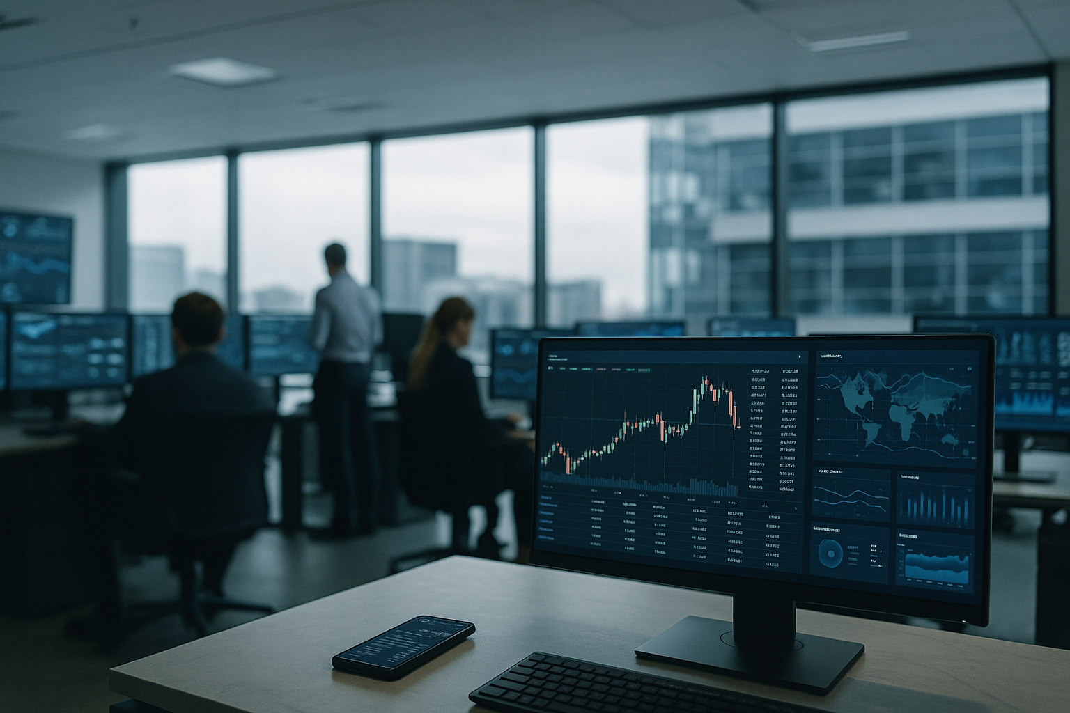 interior of a modern financial technology operations centre with rows of monitors displaying live digital asset trading data and network status dashboards
