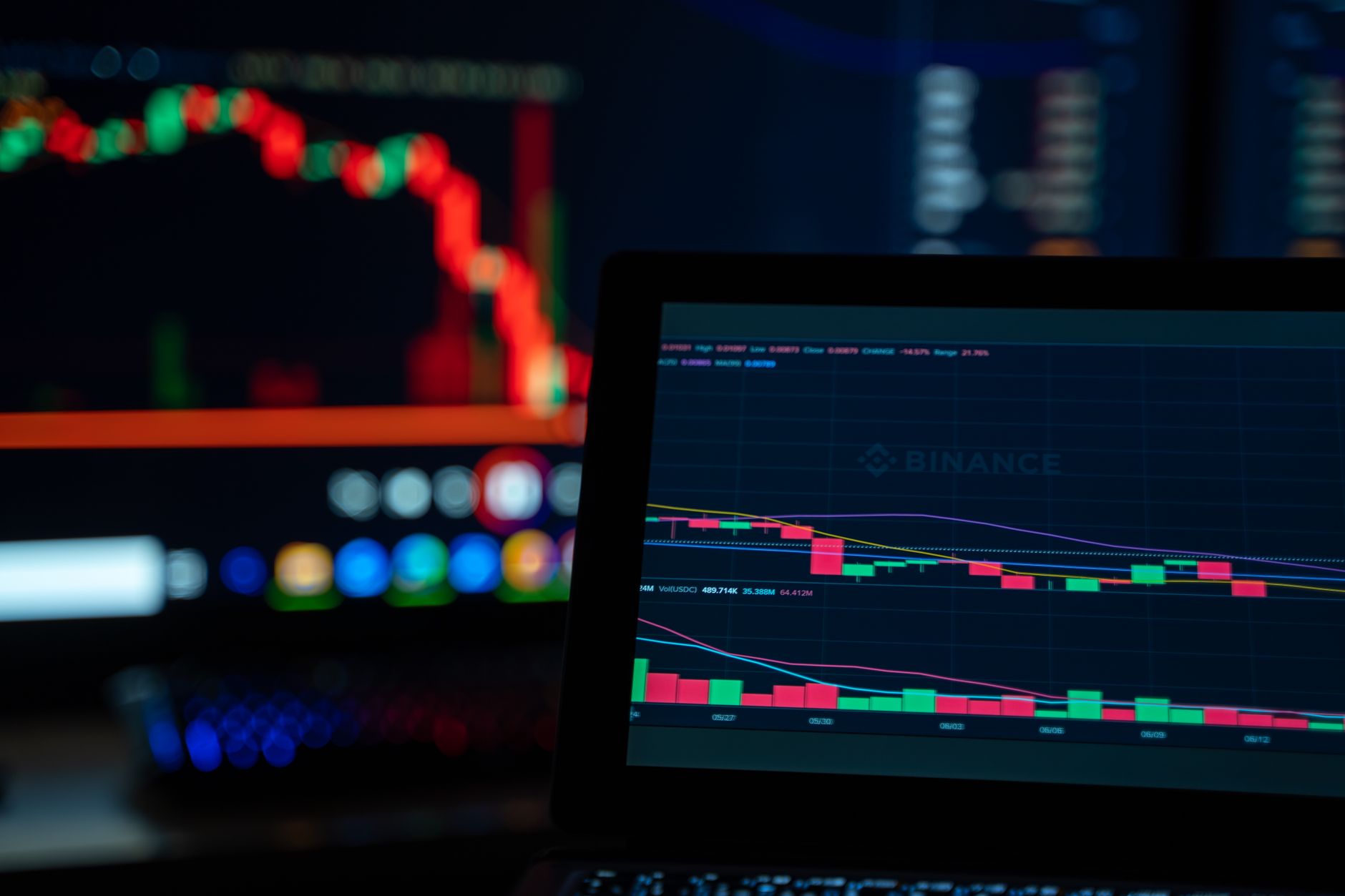 close-up of multiple monitor screens displaying blockchain transaction graphs and token flow diagrams in a dimly lit server room