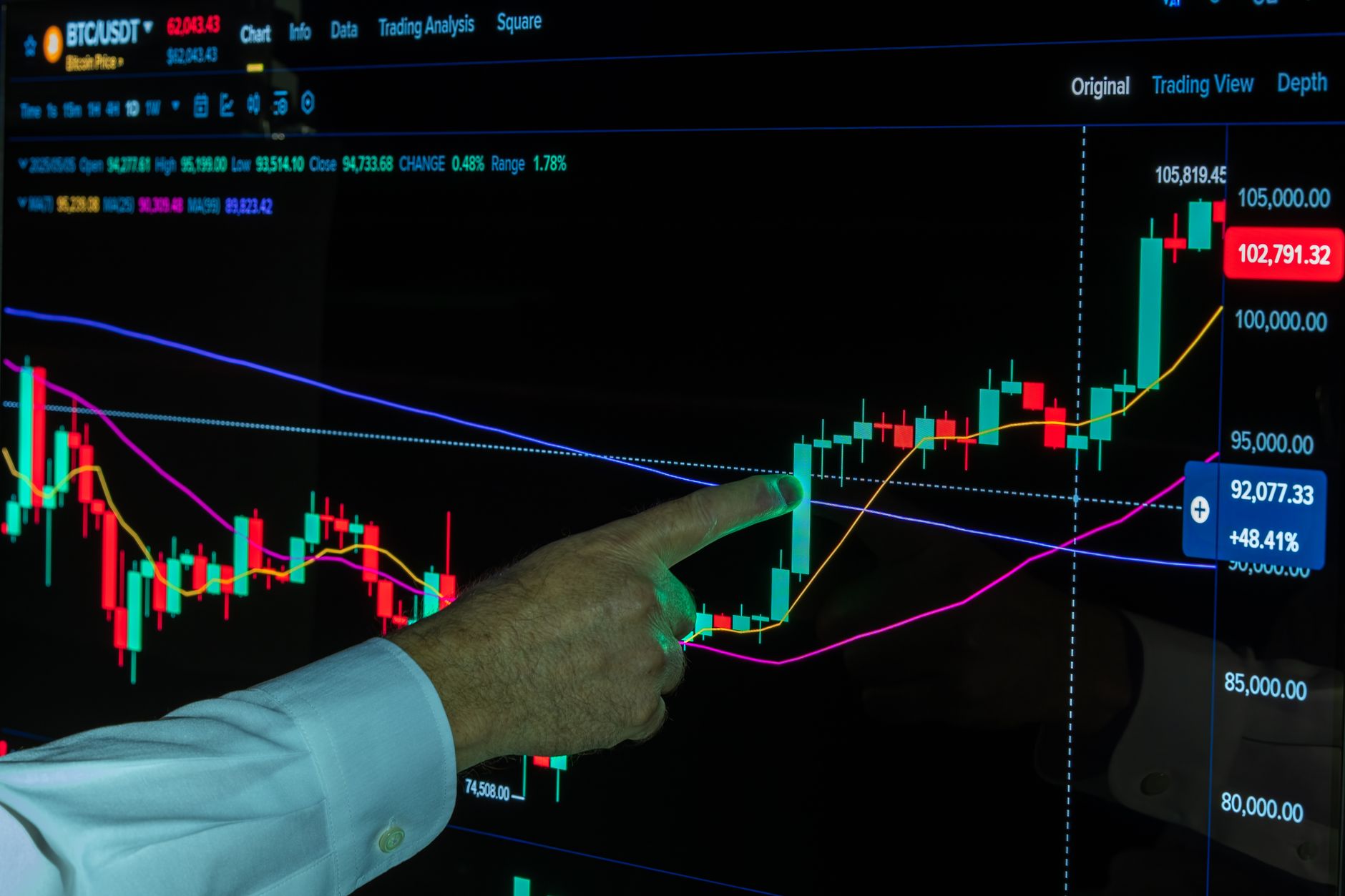 wide-angle shot of a cryptocurrency exchange trading floor with illuminated screens displaying live price charts and order books, no visible faces