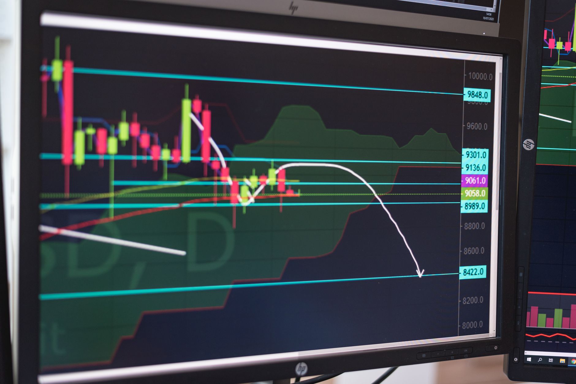 close-up of a large cryptocurrency exchange trading terminal showing flat Bitcoin price lines across multiple monitors in a dimly lit operations room