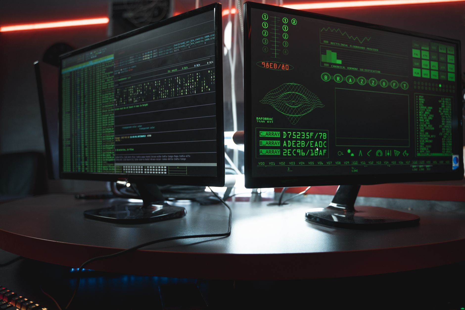 close-up of a blockchain transaction ledger displayed on a computer monitor in a dimly lit office, with rows of cryptographic hash data filling the screen