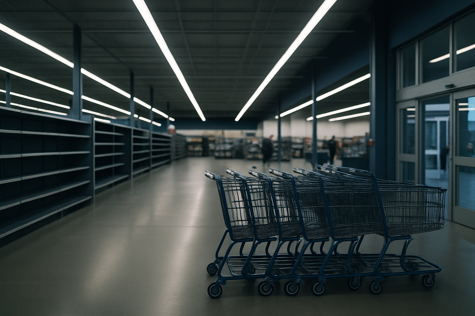 empty aisles in a large big-box retail store, shopping carts idle near the entrance under fluorescent lighting