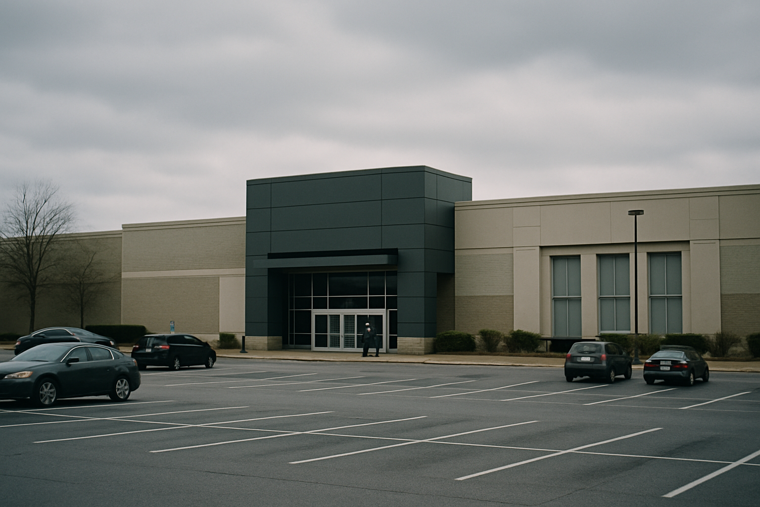 exterior of a suburban shopping mall with sparse cars in the parking lot on a grey overcast afternoon