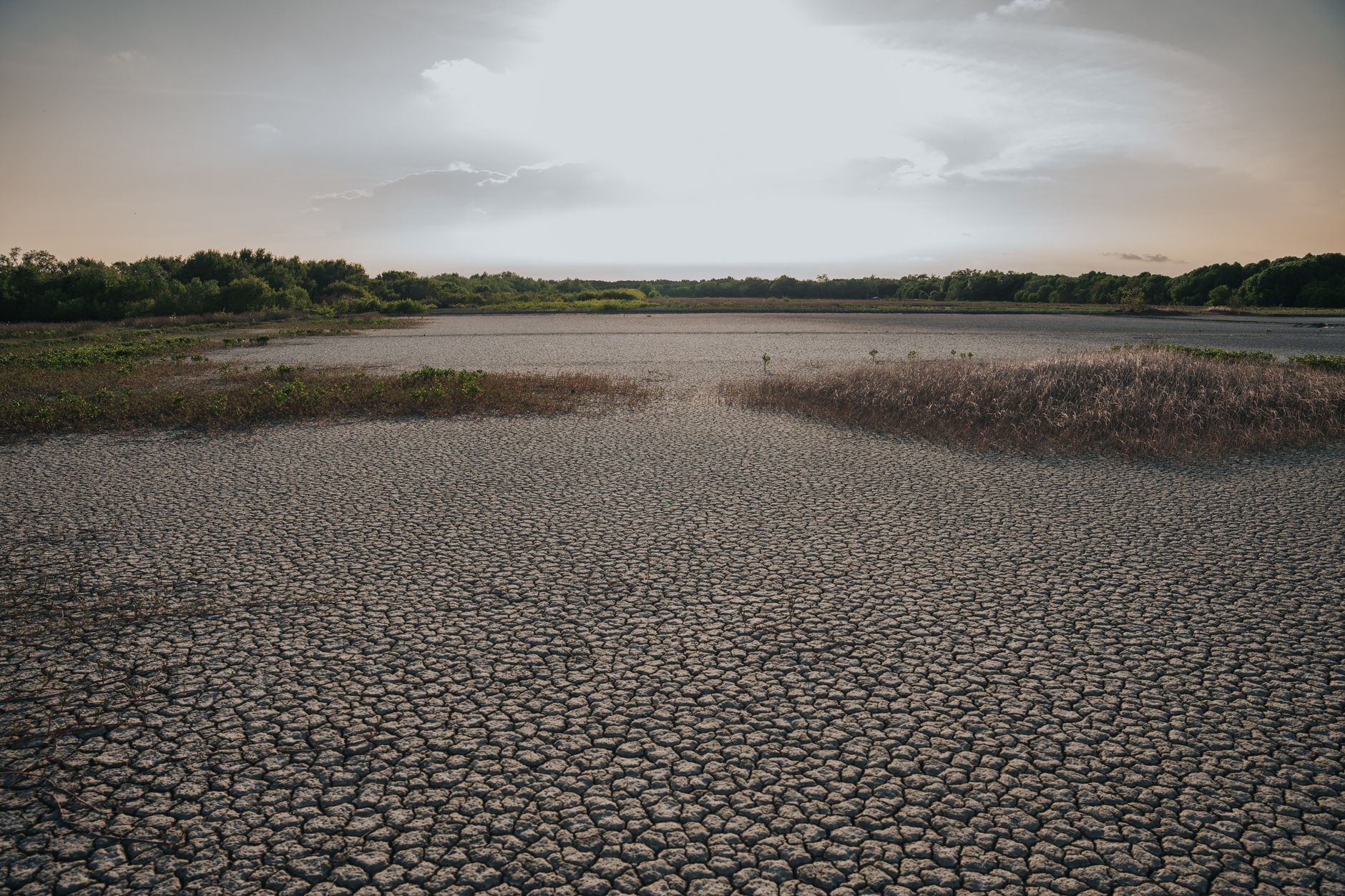 cracked, dried riverbed in a southern European landscape with remnants of low water levels visible along eroded banks