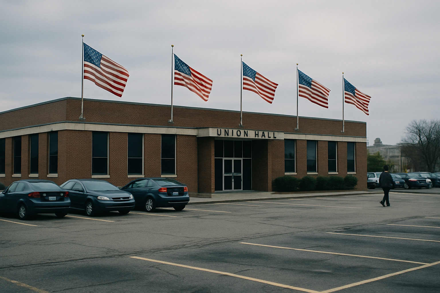 exterior of a mid-century union hall in Detroit with American flags along the front facade and a parking lot in the foreground