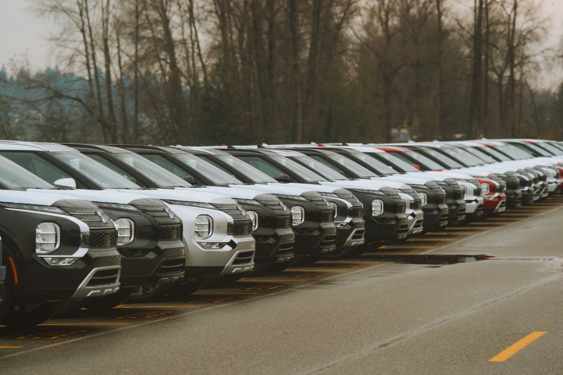 rows of electric vehicle charging stations in an open lot under overcast skies, no vehicles present