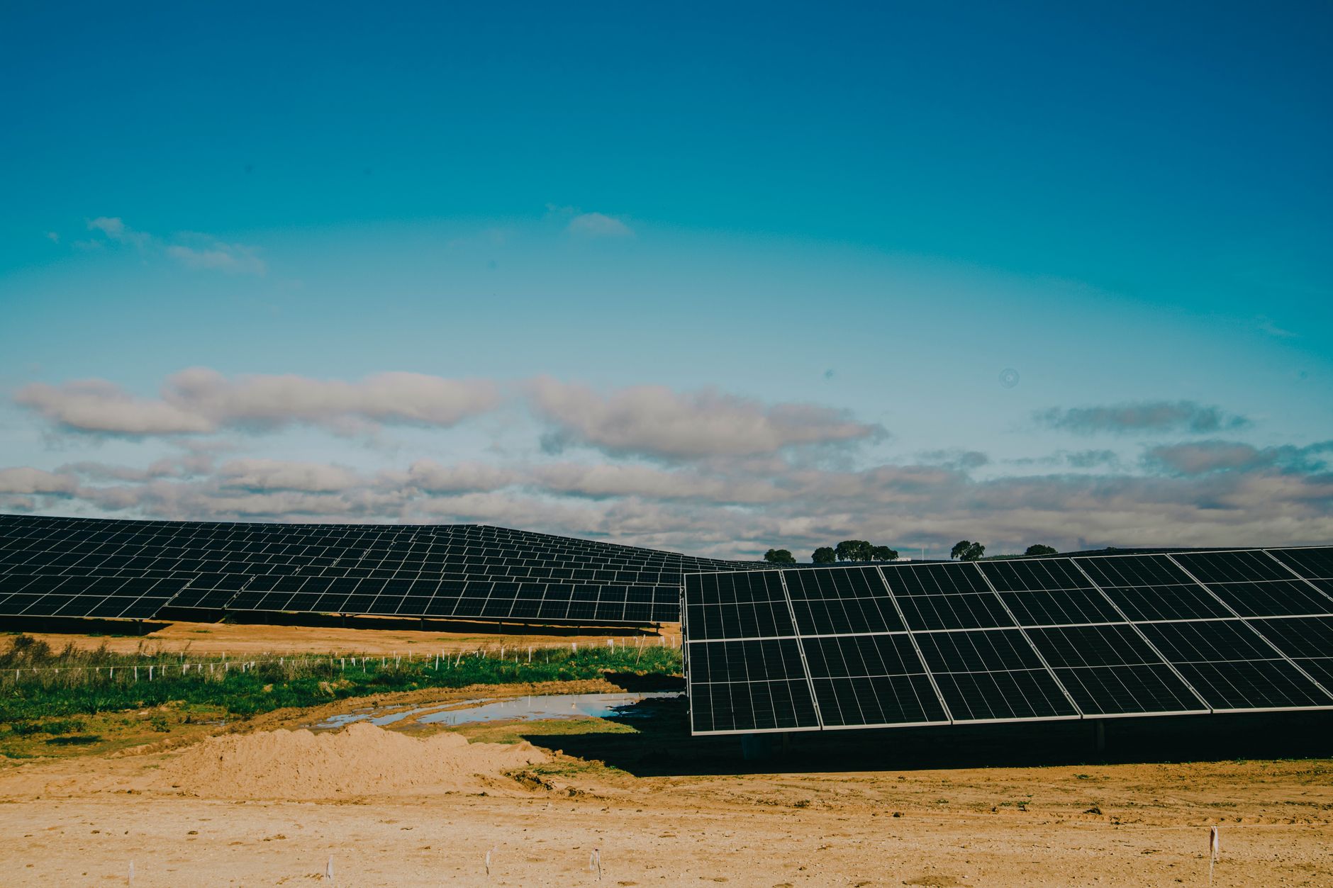 rows of solar panels installed in a flat desert landscape under bright midday sunlight, with transmission towers visible in the far background