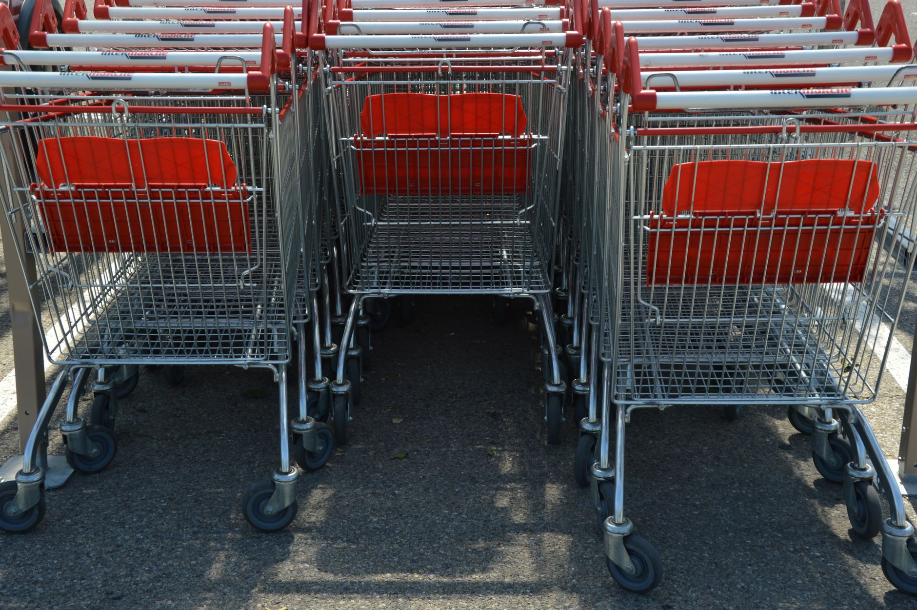 exterior of a mid-size suburban supermarket at midday, with empty shopping cart corrals and a closed entrance gate visible through plate glass doors