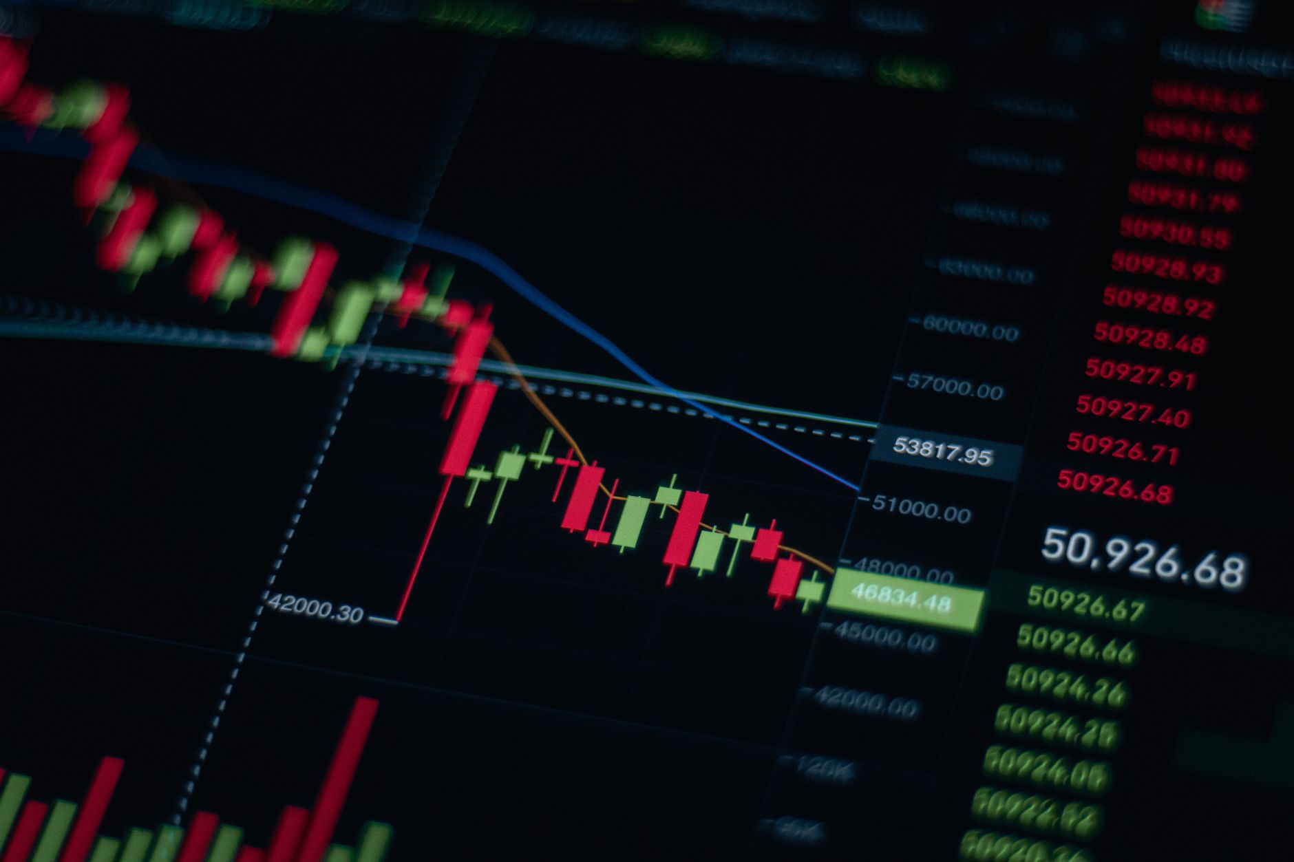 a row of illuminated commodity trading terminals displaying crude oil price charts with fluctuating trend lines, inside a dimly lit trading floor environment