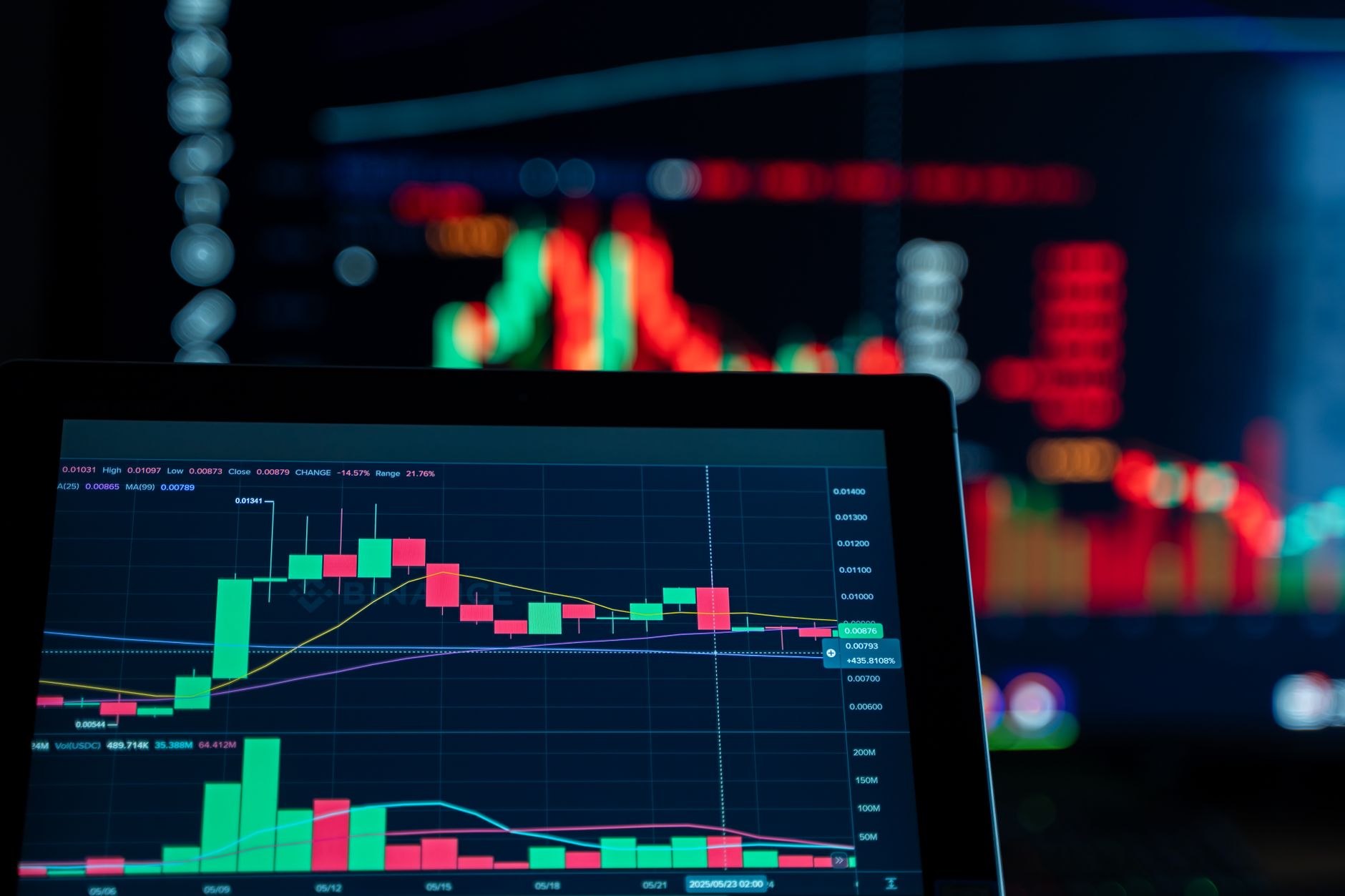 rows of trading terminals displaying multi-colored data feeds and financial charts inside a large institutional trading floor, no people visible