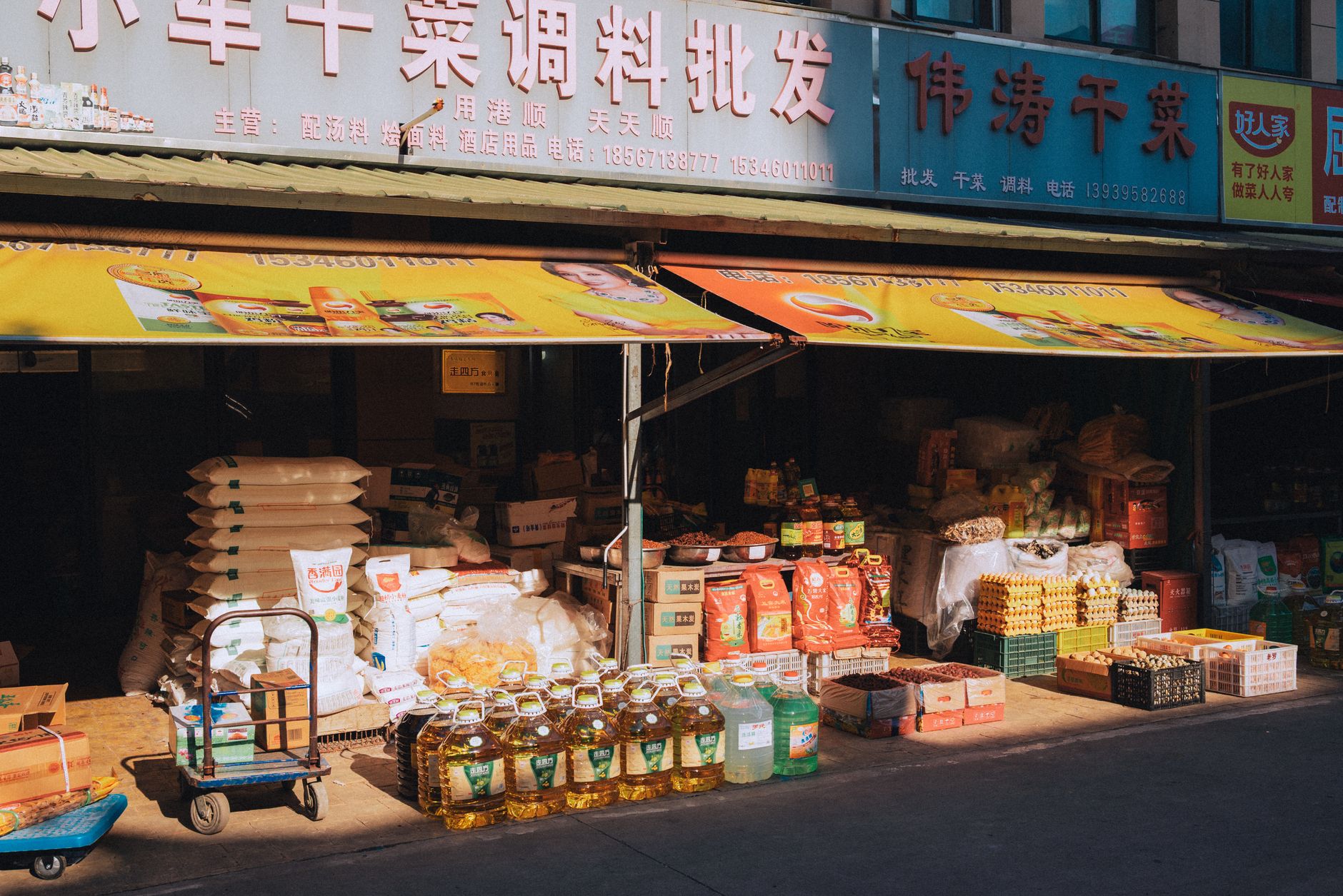 wide-angle view of a rural Chinese supply cooperative storefront with shelves of packaged goods and agricultural products visible through the open entrance, set against a backdrop of farmland