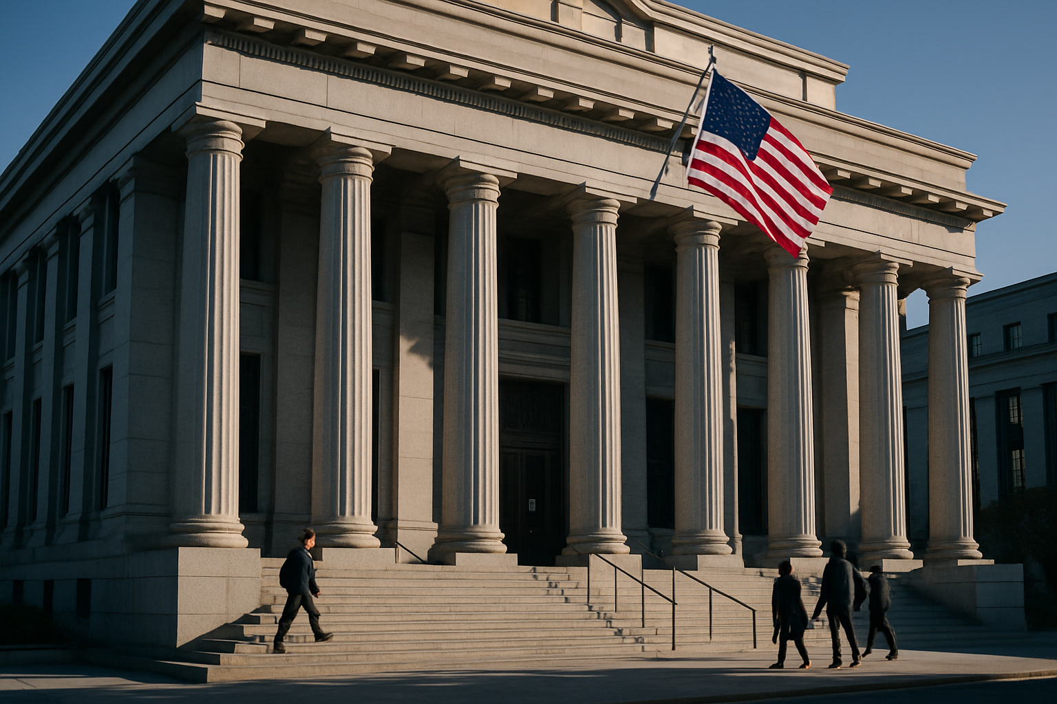 exterior of a federal courthouse with stone columns and wide steps, American flag mounted above the entrance on a clear afternoon