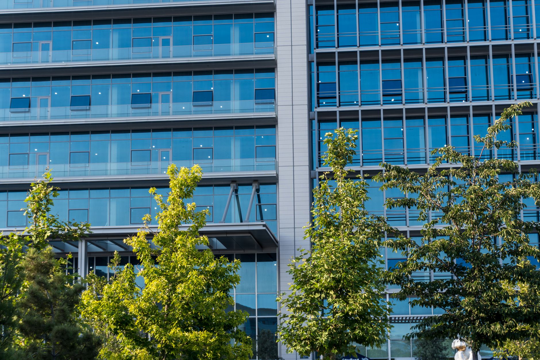 exterior of a large corporate campus with glass office buildings reflecting a pale sky, rows of empty parking spaces visible in the foreground