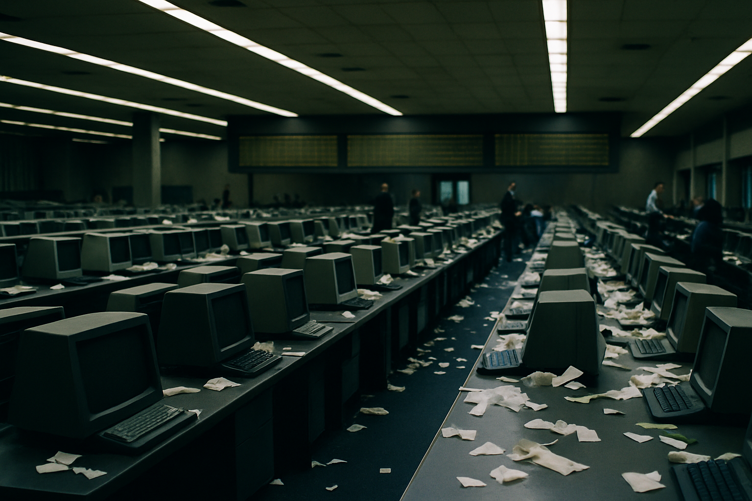 wide-angle view of a historic trading floor with rows of empty terminals and paper order slips scattered across desks, lit by overhead fluorescent lighting