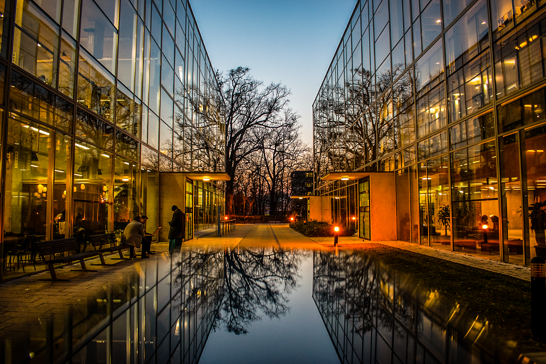 exterior of a modern glass-paneled cloud computing campus at dusk, with illuminated server infrastructure visible through ground-floor windows