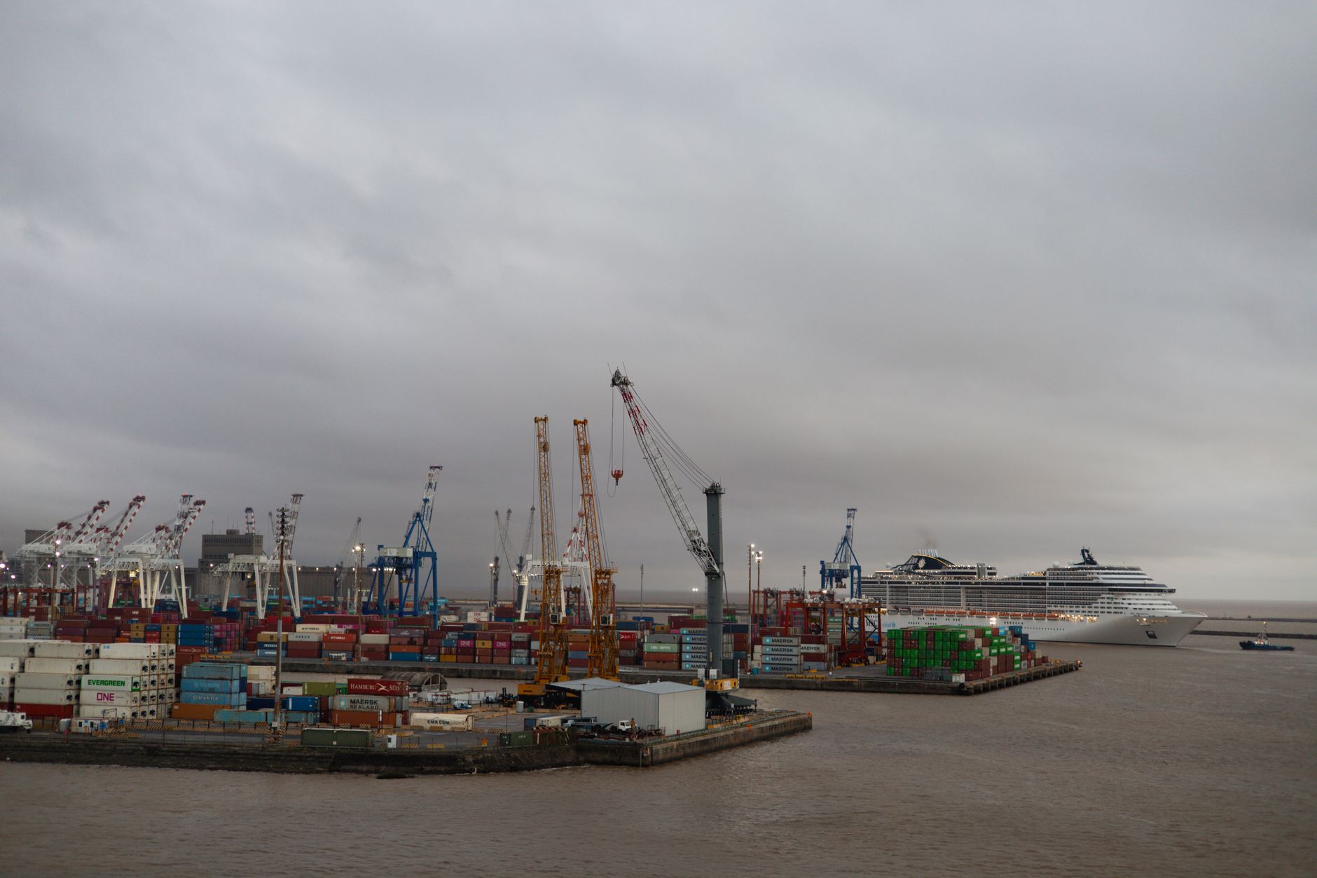 rows of shipping containers stacked at a busy U.S. port terminal under overcast skies, with a large cargo crane visible in the background