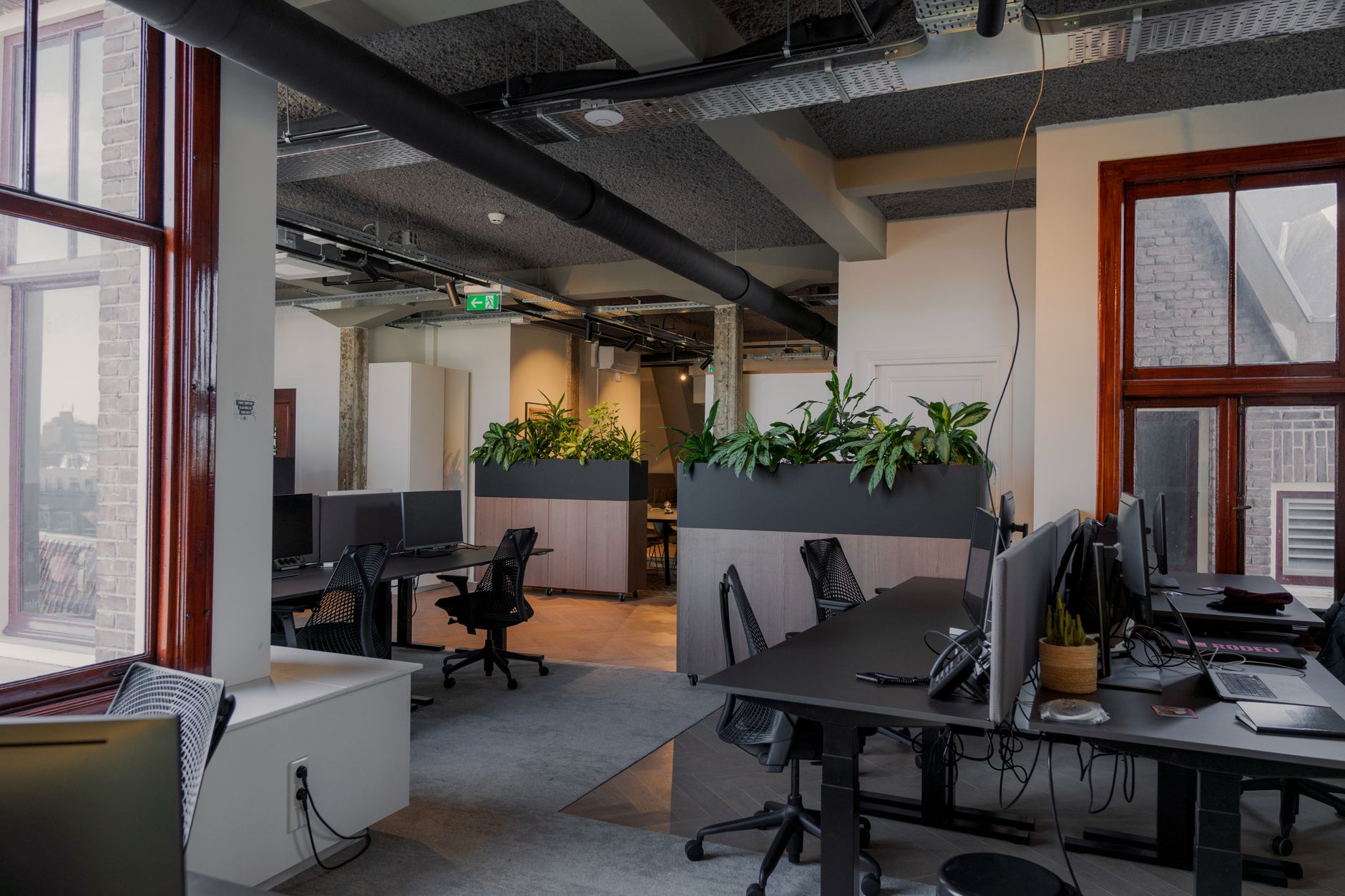 rows of empty open-plan office workstations with dormant monitors in a modern tech campus building, natural light streaming through floor-to-ceiling windows