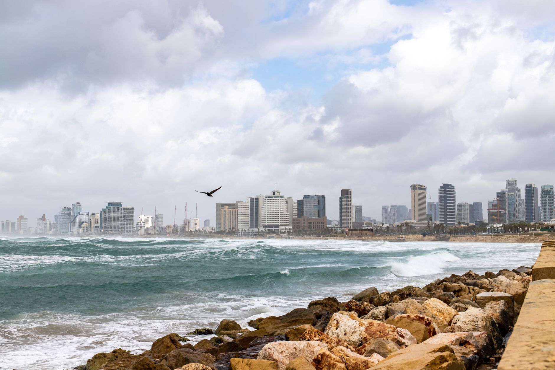 aerial view of the Tel Aviv skyline at dusk with modern office towers and the Mediterranean coastline visible in the background