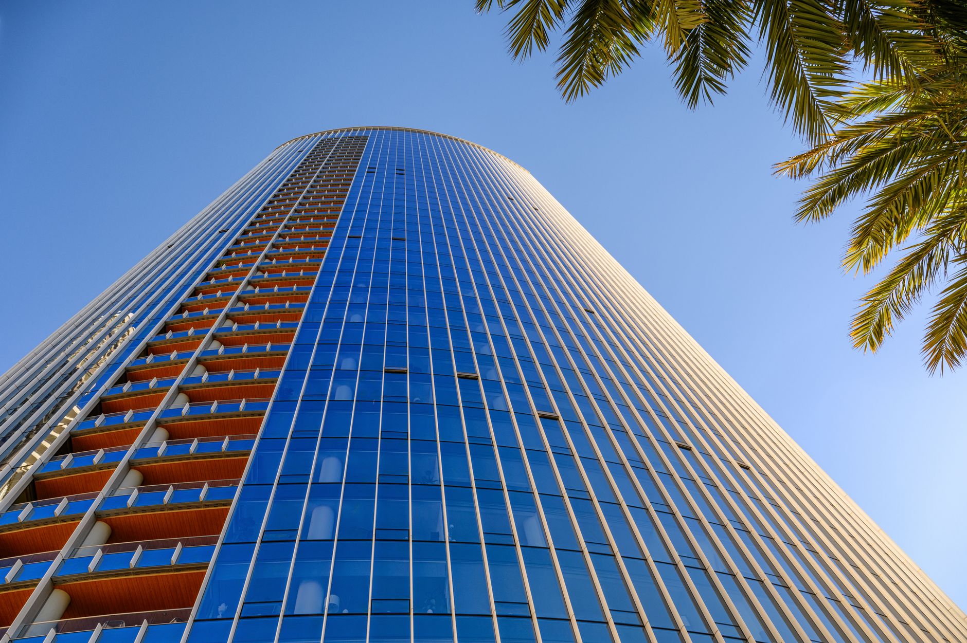 exterior of a modern glass-fronted technology office building in Tel Aviv's HaTachana district at midday, with palm trees lining the entrance